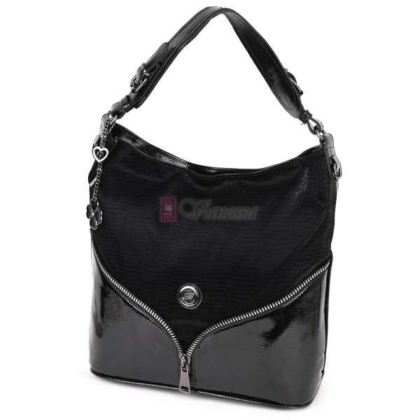  Дамска чанта от висококачествена, лачена еко кожа, в черен цвят. Код: 1568-2